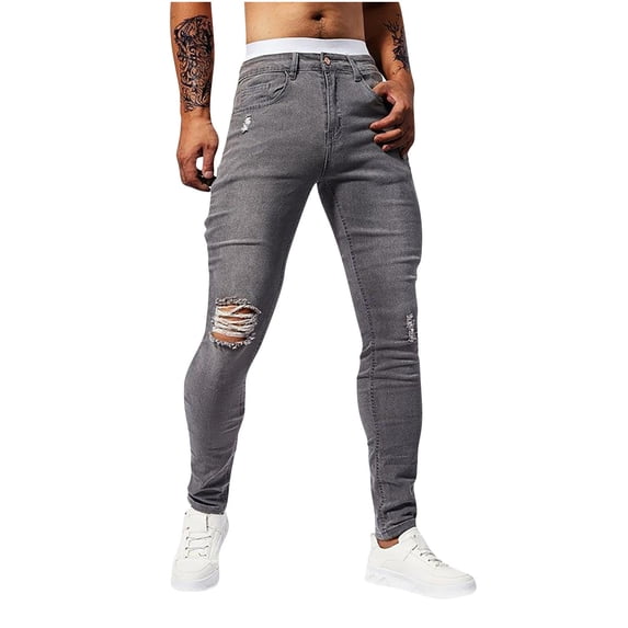 successthop Stretch Jeans Men Summer Denim Pant Button Tapered Streetwear Ripped Washed Zip Up Trousers with Pockets 30
