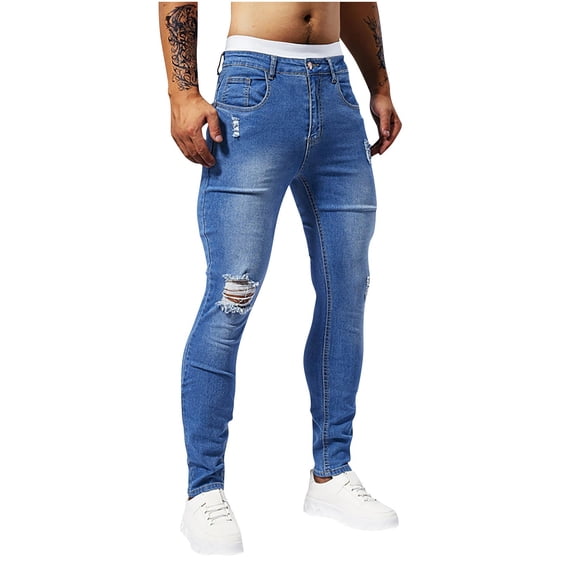 successthop Stretch Jeans Men Summer Denim Pant Button Tapered Streetwear Ripped Washed Zip Up Trousers with Pockets 36