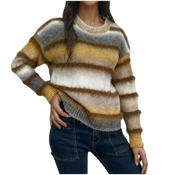 successthop Striped Sweater Womens Fuzzy Knit Long Sleeve Top Loose Crewneck Cropped Ribbed Cuff Color Block Knitwear XL