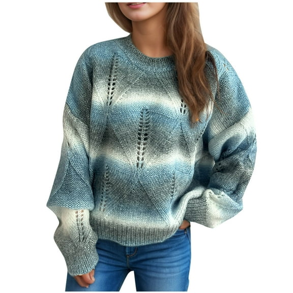 successthop Striped Sweaters Womens Knit Long Sleeve Outwear Crewneck Top Ribbed Cuff Crochet Color Block Clothes Blue M