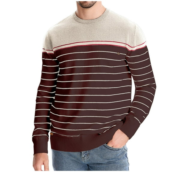 successthop Striped Sweaters for Men Long Sleeve Chunky Crewneck Pullover Tops Ribbed Cuff Color Block Clothes