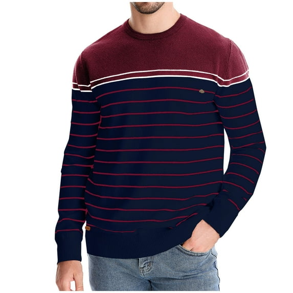 successthop Striped Sweaters for Men Long Sleeve Chunky Crewneck Pullover Tops Ribbed Cuff Color Block Clothes