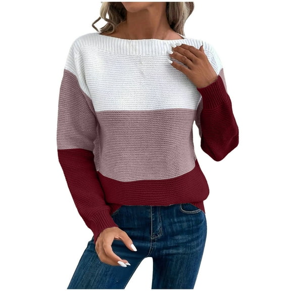 successthop Striped Sweaters for Women Plus Size Knit Long Sleeve Outwear Crewneck Pullover Top Color Block Clothes Red