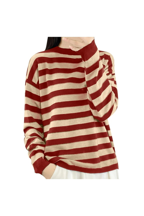 Striped Sweaters for Women Plus Size Knit Long Sleeve Outwear Crewneck Tops Ribbed Cuff Color Block Clothes