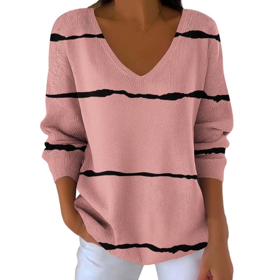 successthop Striped Sweaters for Women Plus Size Long Sleeve Outwear Oversized V Neck Pullover Top Color Block Clothes L