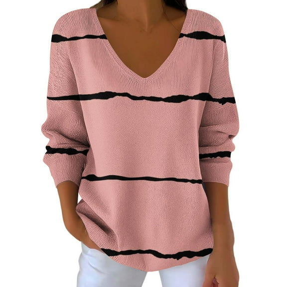 successthop Striped Sweaters for Women Plus Size Long Sleeve Outwear Oversized V Neck Pullover Top Color Block Clothes