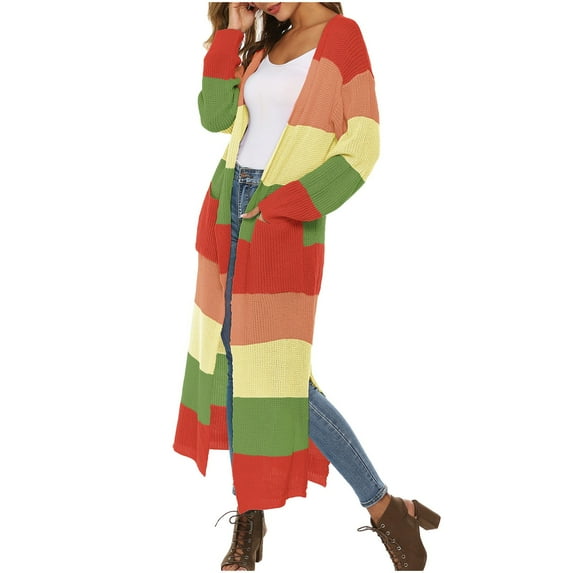 successthop Striped Sweaters for Women Plus Size Long Sleeve Tops Oversized Trendy Sweater Color Block Clothes Orange L