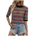 thumbnail image 1 of successthop Striped Sweaters for Women Short Sleeve Outwear Crewneck Pullover Tops Crochet Color Block Clothes Black S, 1 of 6
