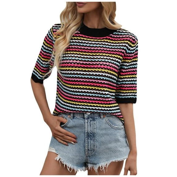successthop Striped Sweaters for Women Short Sleeve Outwear Crewneck Pullover Tops Crochet Color Block Clothes Black S