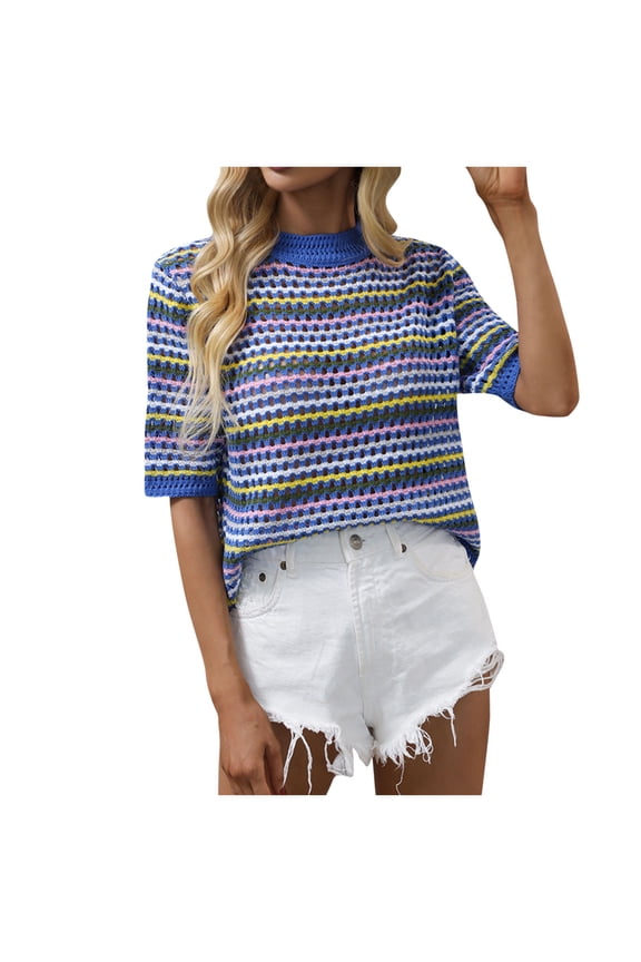 Striped Sweaters for Women Short Sleeve Outwear Crewneck Pullover Tops Crochet Color Block Clothes Blue M