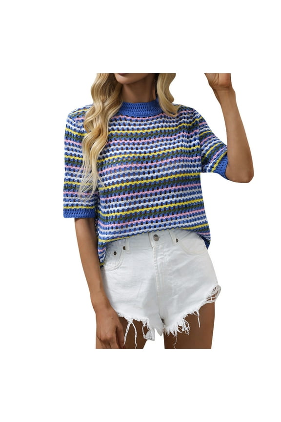 Striped Sweaters for Women Short Sleeve Outwear Crewneck Pullover Tops Crochet Color Block Clothes Blue XL