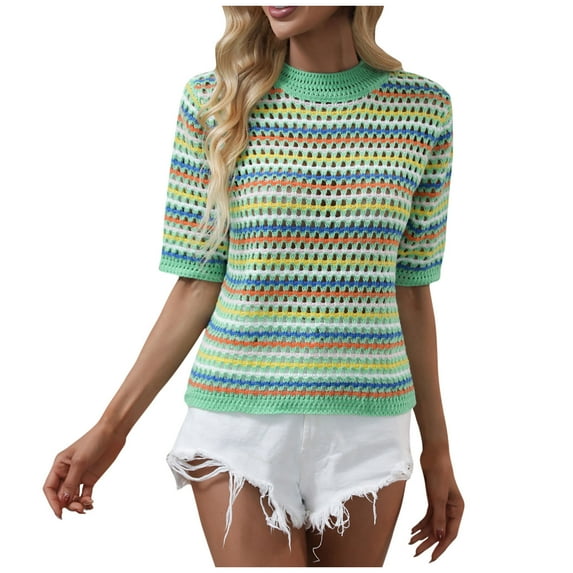 successthop Striped Sweaters for Women Short Sleeve Outwear Crewneck Pullover Tops Crochet Color Block Clothes Green S