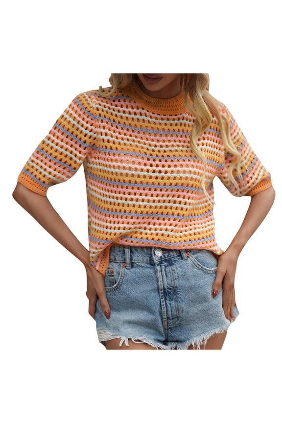 Striped Sweaters for Women Short Sleeve Outwear Crewneck Pullover Tops Crochet Color Block Clothes Orange S