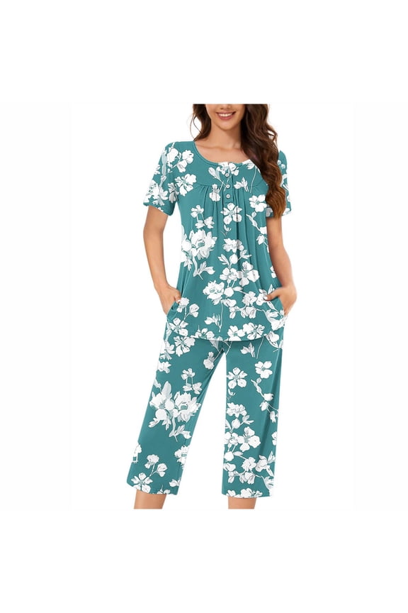 Summer Pajamas for Women Plus Size Green Lightweight Floral Short Sleeve with Pockets Button 2 Piece Capri Loungewear S