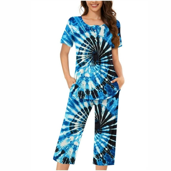 successthop Summer Pajamas for Women Plus Size Lightweight Tie-Dye Short Sleeve with Pockets Button 2 Piece Capri Loungewear XL Blue
