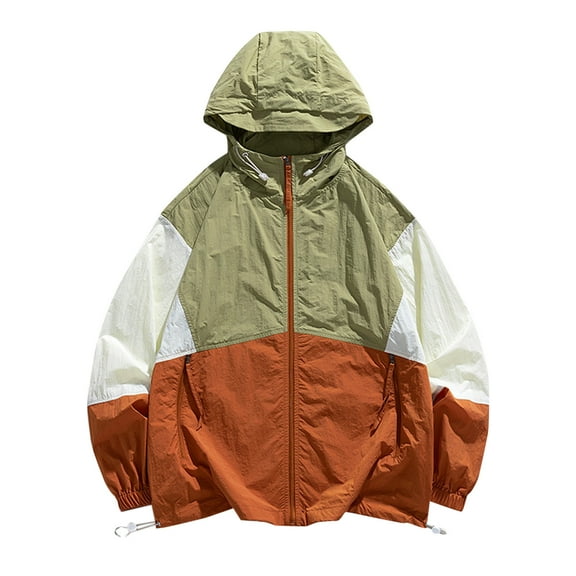 successthop Sun Hoodie Men Outdoor Sun Protection Baggy Plus Size Zip Long Sleeve Color Block Clothes with Pockets Red L