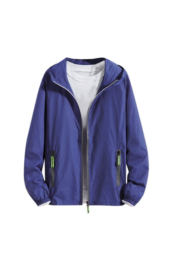 Sun Protection Clothing for Adults Men Zip Up Hooded with Pockets Long Sleeve Solid Jacket for Outdoor Driving Traveling Hiking Fishing Blue XL