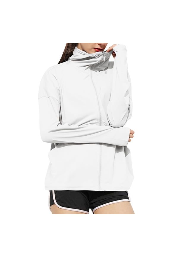 Sun Protection Clothing for Adults Women Hooded Long Sleeve with Thumb Holes Solid Jacket for Outdoor Driving Traveling Hiking Fishing White 3XL