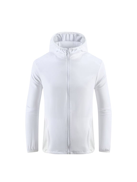 Sun Protection Clothing Men Hooded Long Sleeve Solid Jacket for Outdoor Driving Traveling Hiking Fishing White L