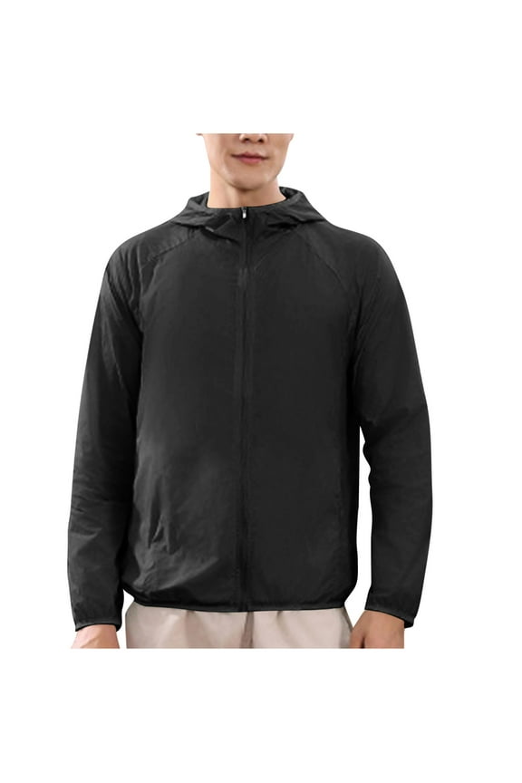 Sun Protection Clothing Men Hooded with Pockets Long Sleeve Solid Jacket for Outdoor Driving Traveling Hiking Fishing Black 4XL
