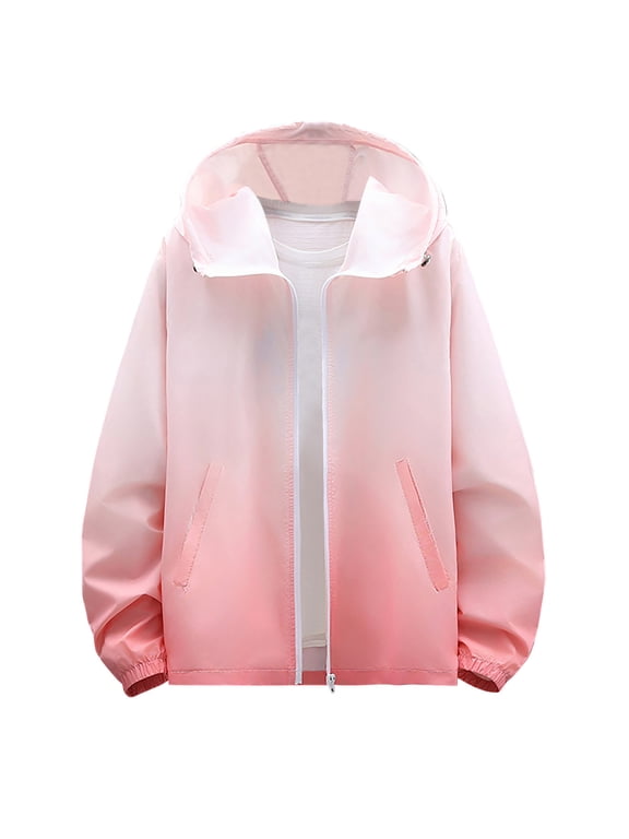 Sun Protection Clothing Men Zip Up Hooded with Pockets Long Sleeve Gradient Jacket for Outdoor Driving Traveling Hiking Fishing Pink 4XL