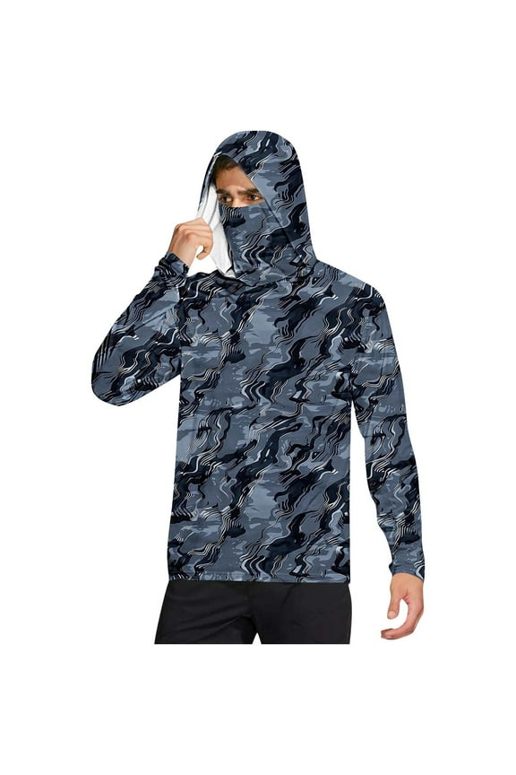 Sun Protection Clothing Men with Face Cover Hooded Long Sleeve Camouflage Jacket for Outdoor Driving Traveling Hiking Fishing Gray XL