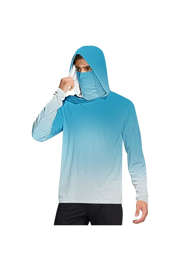 Sun Protection Clothing Men with Face Cover Hooded Long Sleeve Gradient Jacket for Outdoor Driving Traveling Hiking Fishing Blue M