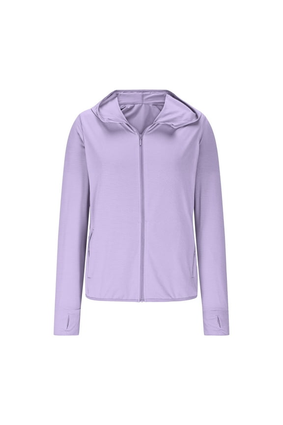 Sun Protection Clothing to Swim Women Hooded Long Sleeve with Thumb Holes Solid Jacket for Outdoor Driving Traveling Hiking Fishing Purple M