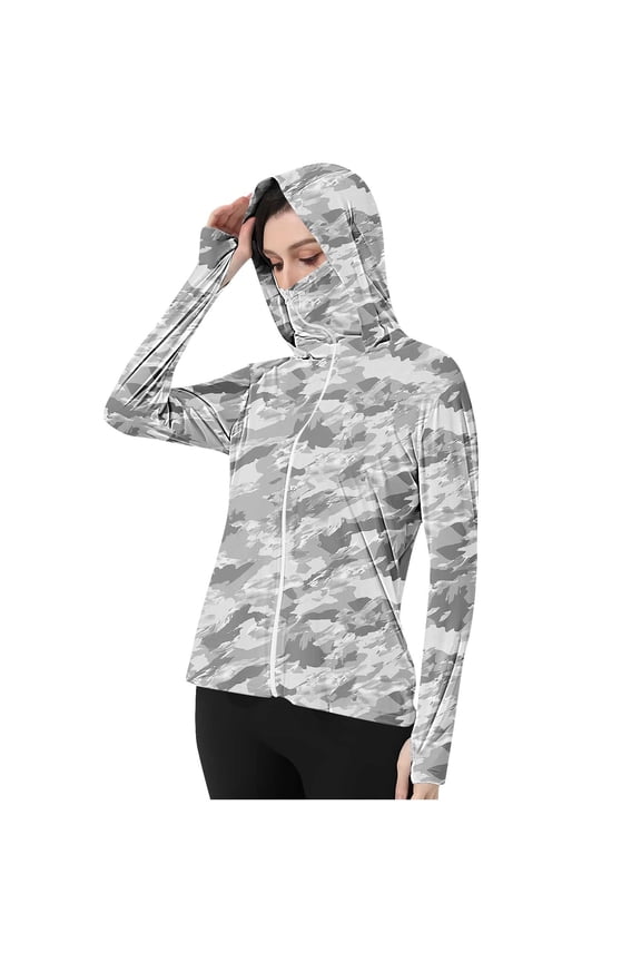 Sun Protection Clothing UPF 50 Women UPF 50+ Hooded Long Sleeve with Thumb Holes Gradient Jacket for Outdoor Driving Traveling Hiking Fishing Gray S