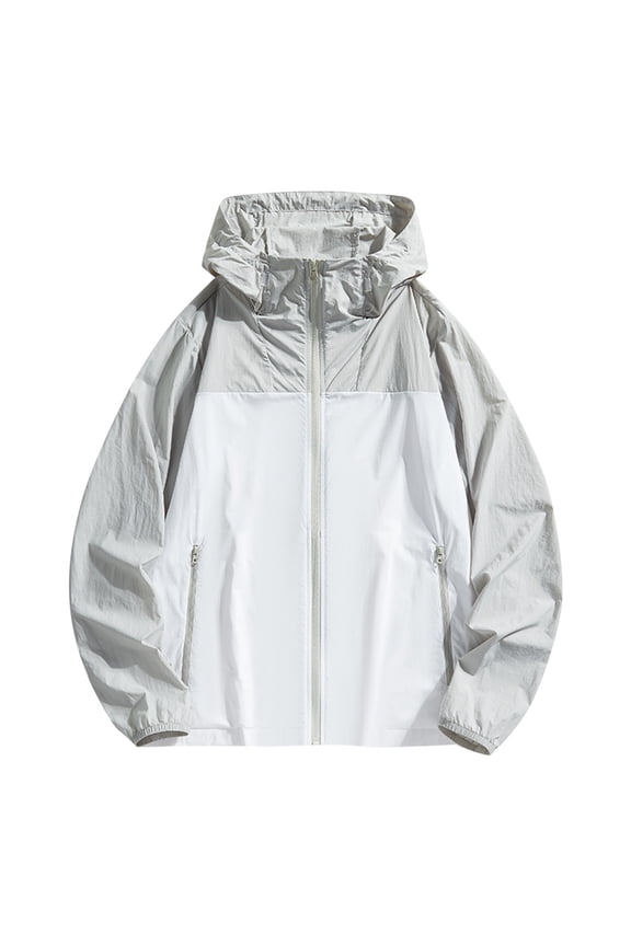 Sun Protection Clothing UV Protection Unisex Zip Up Hooded with Pockets Long Sleeve Color Block Jacket for Outdoor Driving Traveling Hiking Fishing Gray 3XL