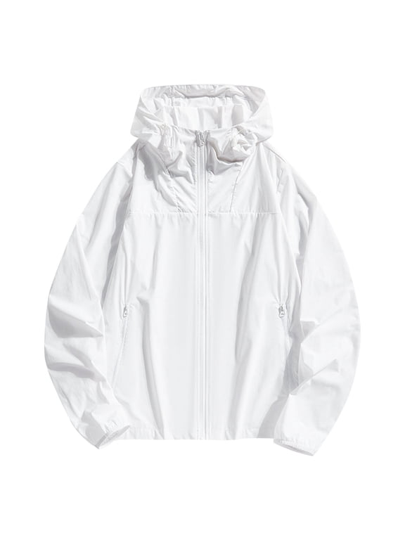Sun Protection Clothing UV Protection Unisex Zip Up Hooded with Pockets Long Sleeve Color Block Jacket for Outdoor Driving Traveling Hiking Fishing White 3XL