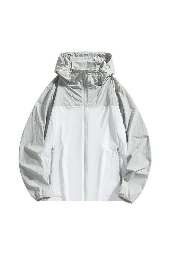 Sun Protection Clothing Unisex Zip Up Hooded with Pockets Long Sleeve Color Block Jacket for Outdoor Driving Traveling Hiking Fishing Gray L