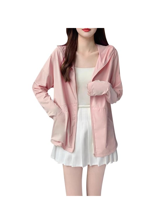 Sun Protection Clothing Women Hooded Long Sleeve Solid Jacket for Outdoor Driving Traveling Hiking Fishing Pink 2XL
