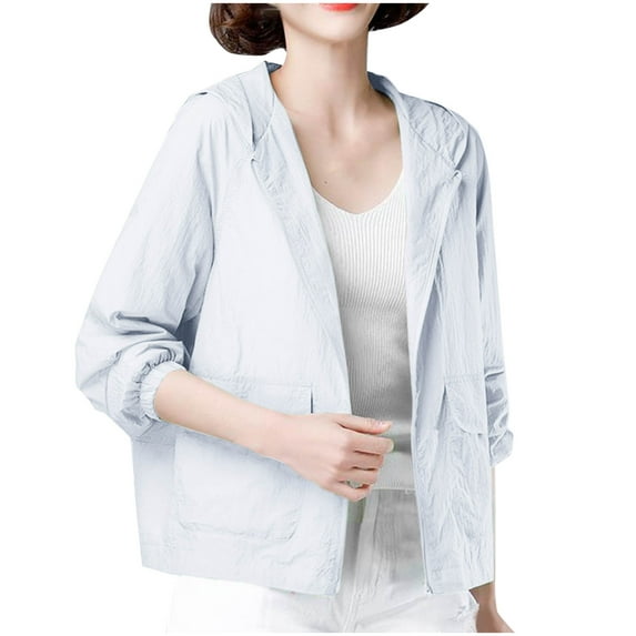 successthop Sun Protection Clothing Women Hooded Long Sleeve Solid Jacket for Outdoor Driving Traveling Hiking Fishing White 2XL
