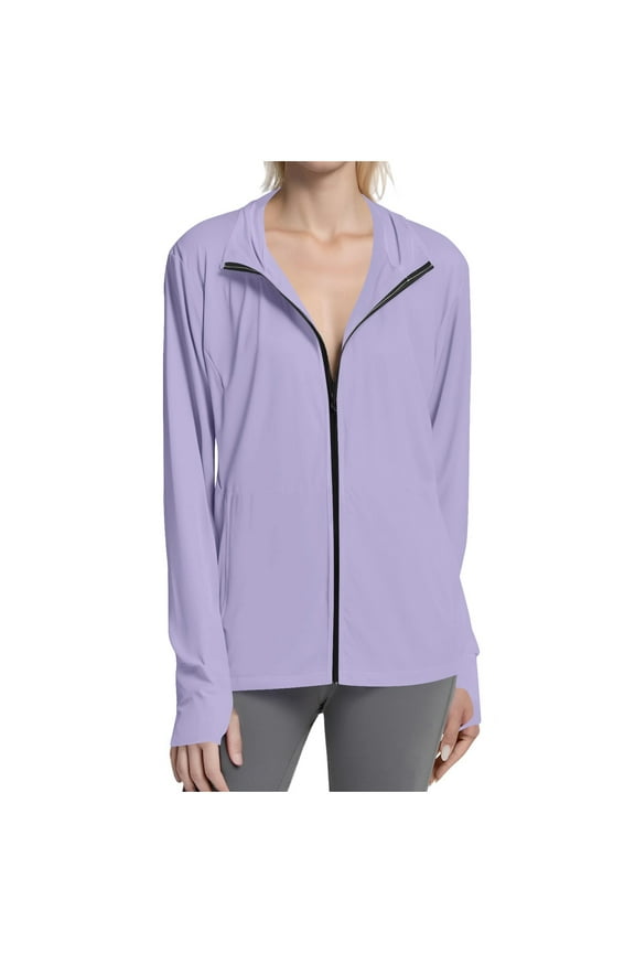 Sun Protection Clothing Women Hooded Long Sleeve with Thumb Holes Solid Jacket for Outdoor Driving Traveling Hiking Fishing Purple L