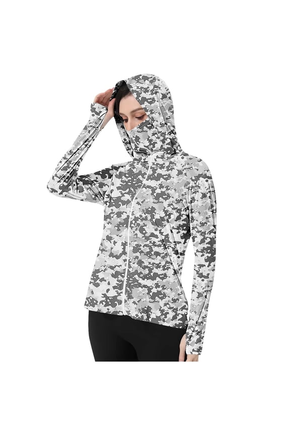Sun Protection Clothing Women UPF 50+ Hooded Long Sleeve with Thumb Holes Gradient Jacket for Outdoor Driving Traveling Hiking Fishing Gray M