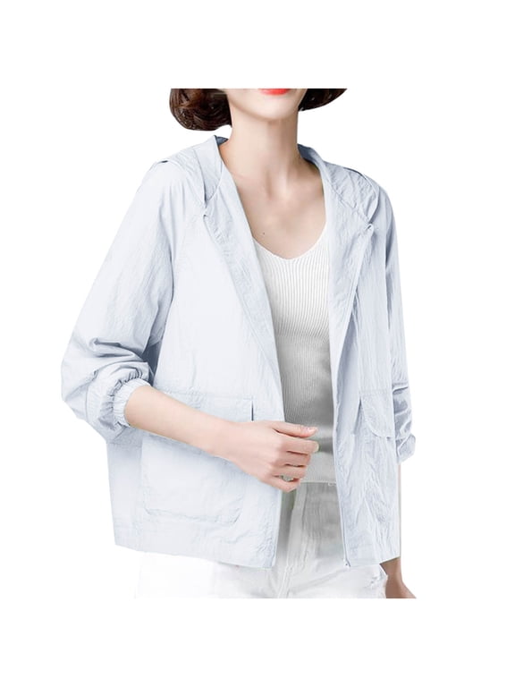 Sun Protection Clothing for Adults Women Hooded Long Sleeve Solid Jacket for Outdoor Driving Traveling Hiking Fishing White L
