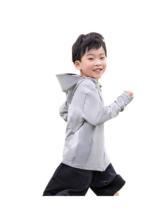 Sun Protection Clothing to Swim Boys Girls Hooded Long Sleeve Solid Jacket for Outdoor Driving Traveling Hiking Fishing Gray M