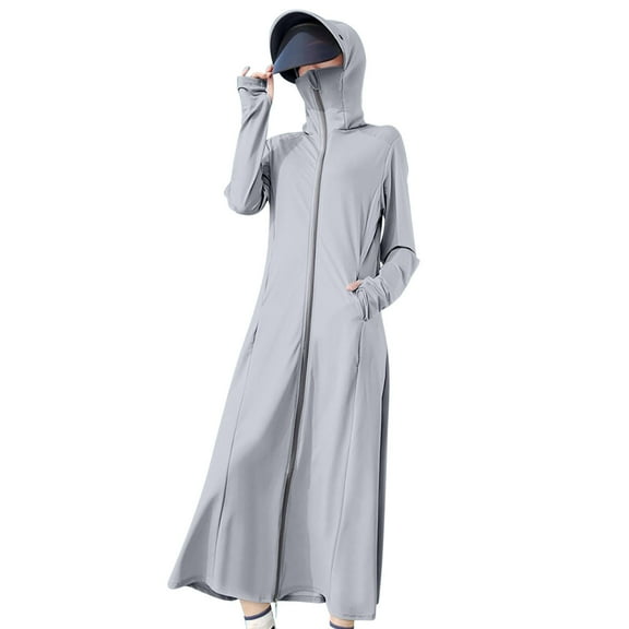 successthop Sun Protection Clothing to Swim Women Hooded 闀挎 Long Sleeve Solid Jacket for Outdoor Driving Traveling Hiking Fishing Gray Free Size