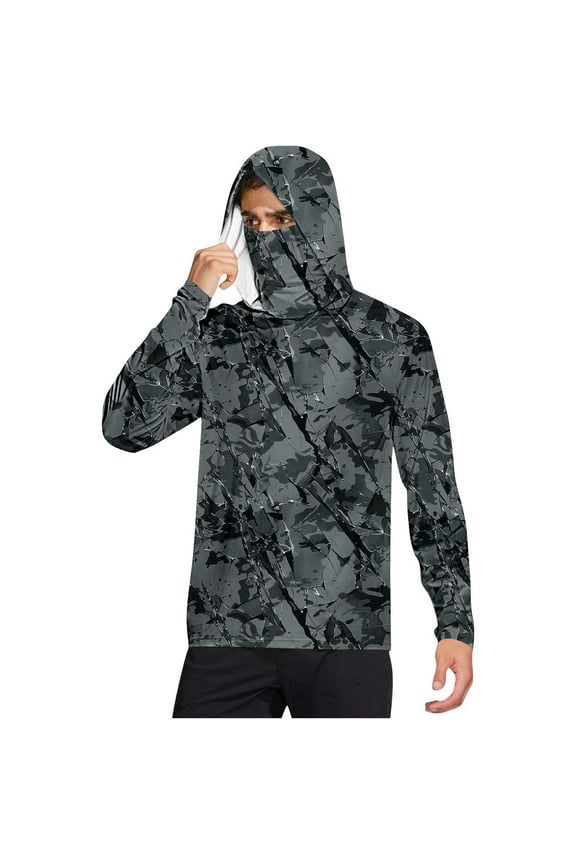 Sun Protection Shirts for Men Long Sleeve with Face Cover Hooded Camouflage Jacket for Outdoor Driving Traveling Hiking Fishing Gray L