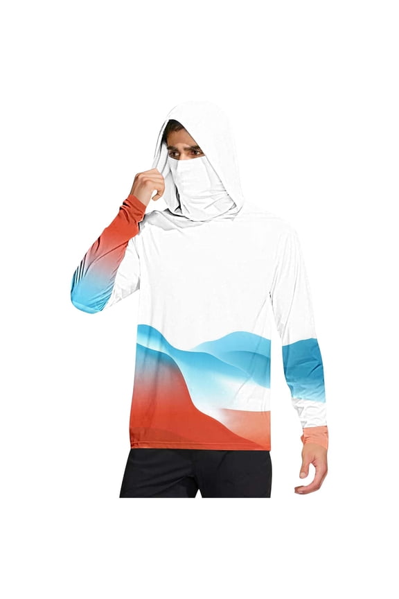 Sun Protection Shirts for Men Long Sleeve with Face Cover Hooded Print Jacket for Outdoor Driving Traveling Hiking Fishing White M