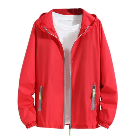 successthop Sun Protection Shirts for Men Zip Up Hooded with Pockets Long Sleeve Solid Jacket for Outdoor Driving Traveling Hiking Fishing Red 3XL