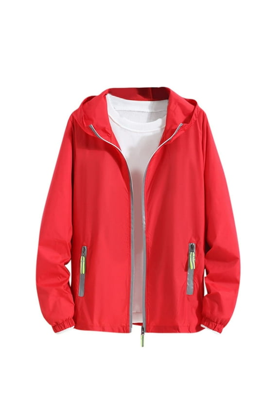 Sun Protection Shirts for Men Zip Up Hooded with Pockets Long Sleeve Solid Jacket for Outdoor Driving Traveling Hiking Fishing Red 3XL