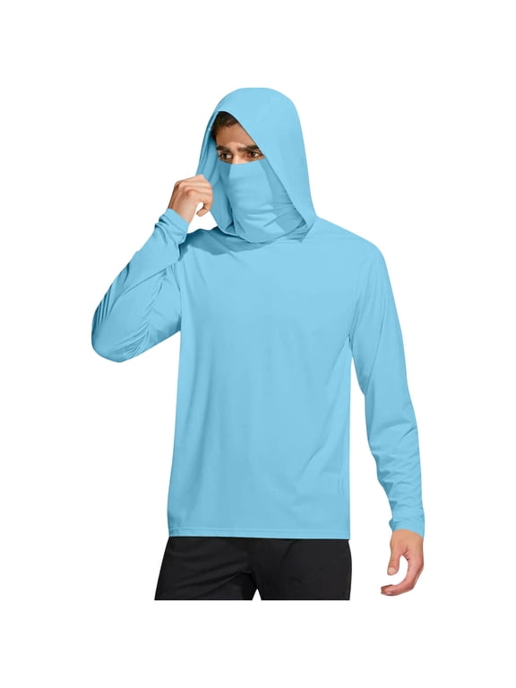 Sun Protection Shirts for Men with Face Cover Hooded Long Sleeve Solid Jacket for Outdoor Driving Traveling Hiking Fishing Blue 2XL