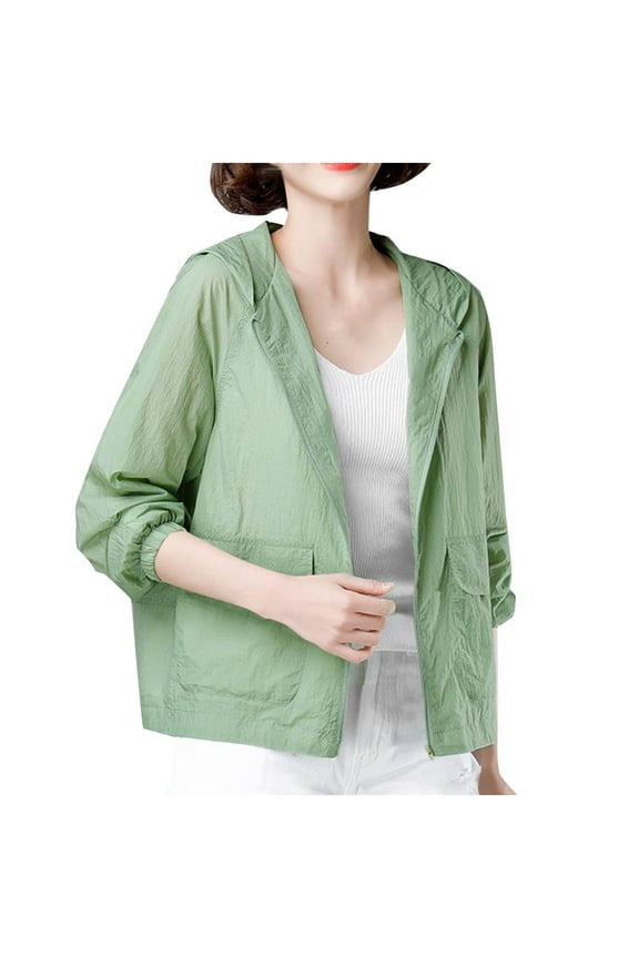 Sun Protection Shirts for Women Hooded Long Sleeve Solid Jacket for Outdoor Driving Traveling Hiking Fishing Green L