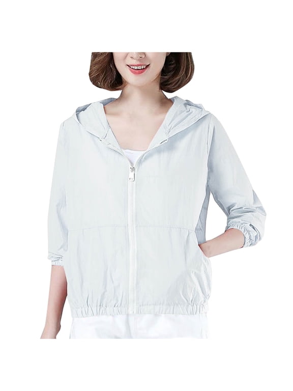 Sun Protection Shirts for Women Hooded Long Sleeve Solid Jacket for Outdoor Driving Traveling Hiking Fishing White 2XL