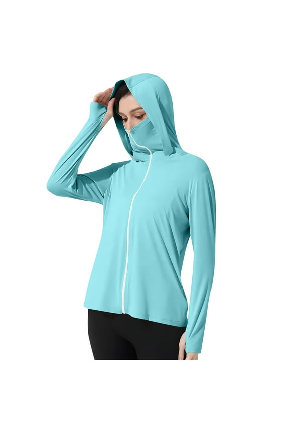 Sun Protection Sleeves Women UPF 50+ Hooded Long Sleeve with Thumb Holes Solid Jacket for Outdoor Driving Traveling Hiking Fishing Blue 2XL