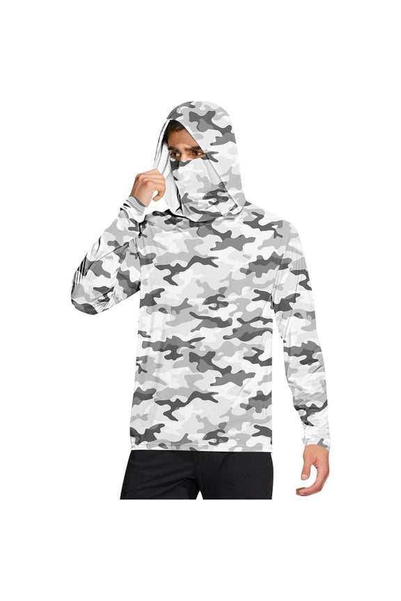Sun Shirts for Men Long Sleeve UV Protection with Face Cover Hooded Long Sleeve Camouflage Jacket for Outdoor Driving Traveling Hiking Fishing Gray XL