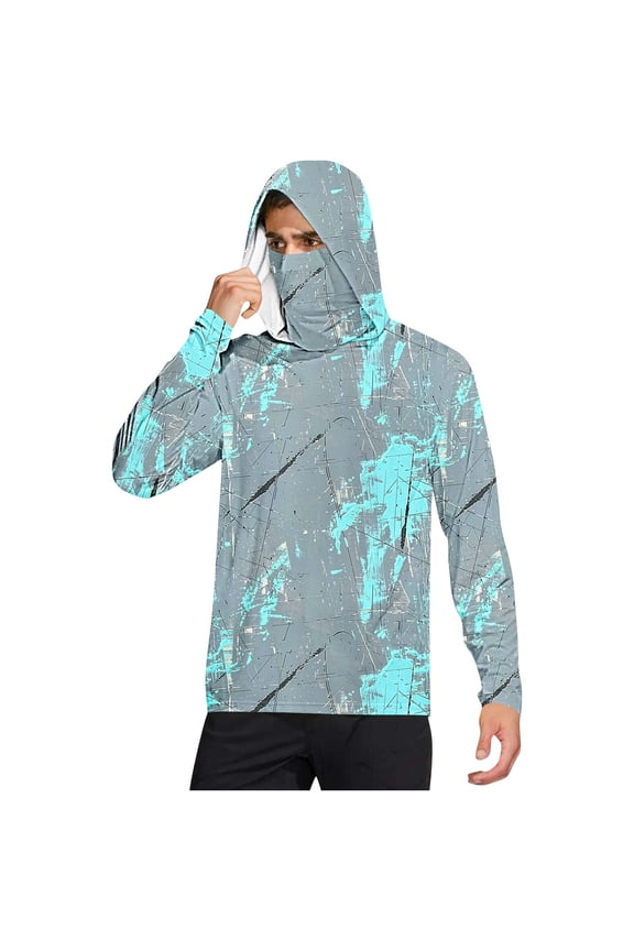Sun Shirts for Men Long Sleeve UV Protection with Face Cover Hooded Long Sleeve Print Jacket for Outdoor Driving Traveling Hiking Fishing Blue L