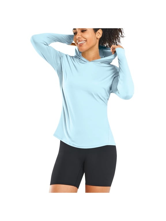 Sun Sleeves for Women UV Protection Hooded Long Sleeve with Thumb Holes Solid Jacket for Outdoor Driving Traveling Hiking Fishing Blue S